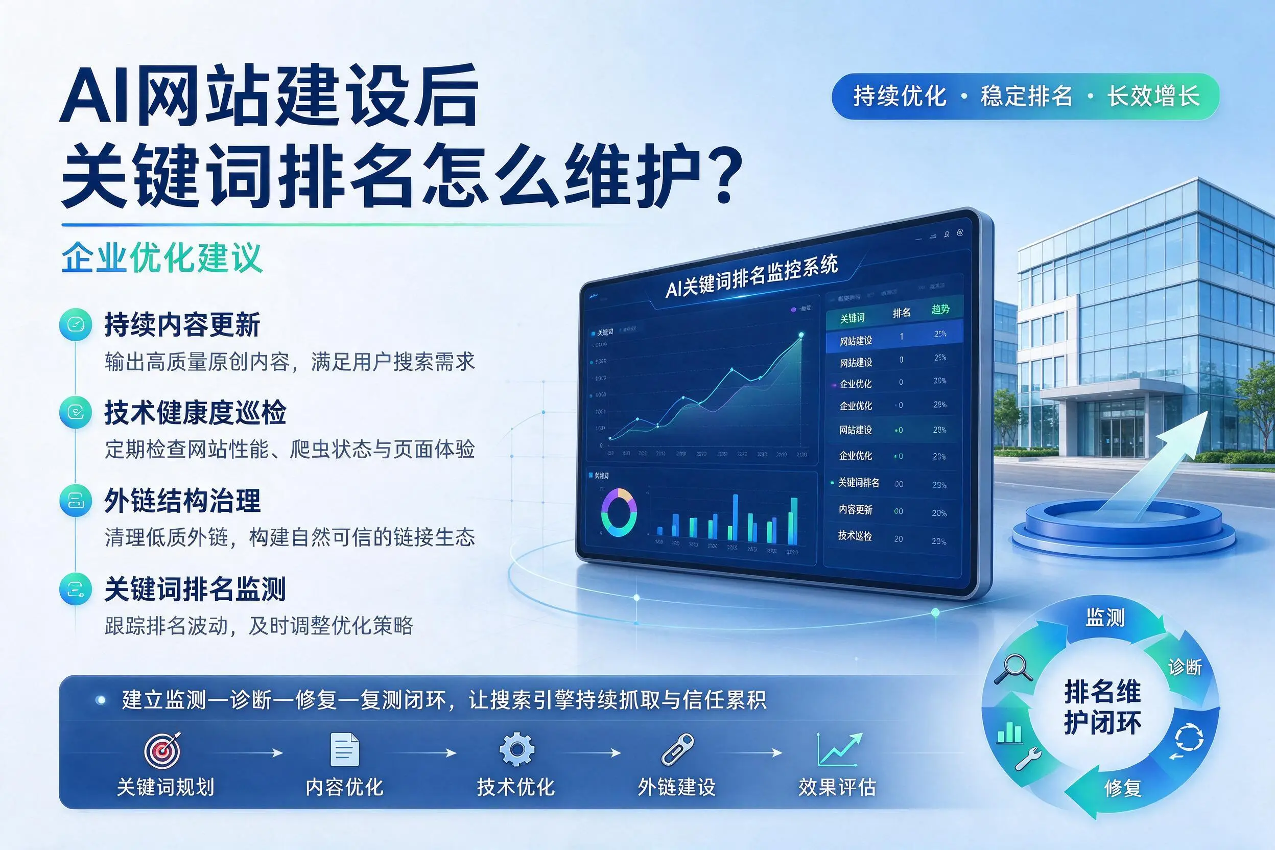 AI网站建设后关键词排名怎么维护?梧州企业优化建议